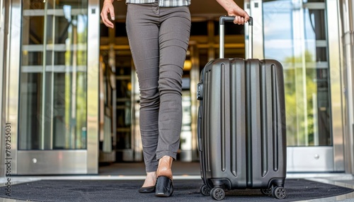 Travel luggage at the bus station entrance, prepared for an exciting journey ahead