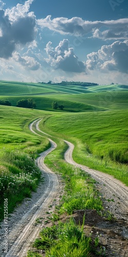 Scenic landscape of a rural dirt road through green rolling hills