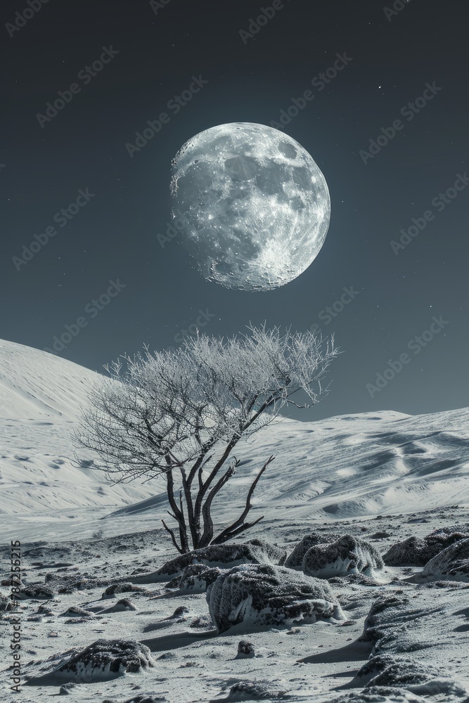 Full moon rising over snow-covered mountains and trees