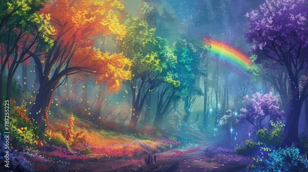 enchanted fantasy forest with shimmering rainbow and whimsical trees fairytale digital painting enchanted fantasy forest with shimmering rainbow and whimsical trees fairytale digital painting