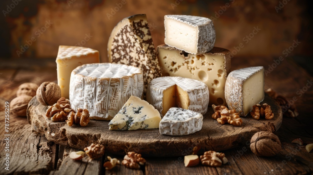 Various types of artisan cheeses displayed on a rustic wooden platter