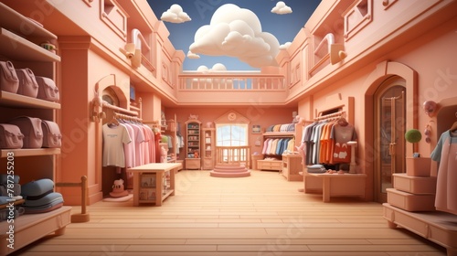 A 3D rendering of a boutique with pink walls and a blue sky with clouds on the ceiling © Molostock