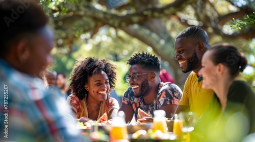 A diverse group of friends sit around a table enjoying a picnic in the park, laughing, and sharing food photo