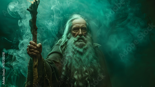 Epic photoshot of a wise old wizard with a long beard and staff, against a mystical green studio background.