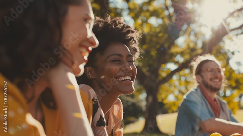 A diverse group of friends are seated around a table outdoors in a park, laughing and sharing ajur fruits