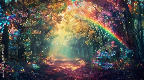 enchanted fantasy forest with shimmering rainbow and whimsical trees fairytale digital painting © Bijac