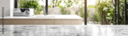 Photography of White Blurry Laundry Room with Modern Washing Machine and Empty Marble Tabletop for Product Display © yelosole