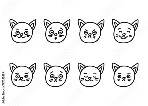 Cat head different facial expressions, line doodle character set. Hand drawn outline emotion on cat face muzzle. Happy, angry, sad and other mood. Vector illustration