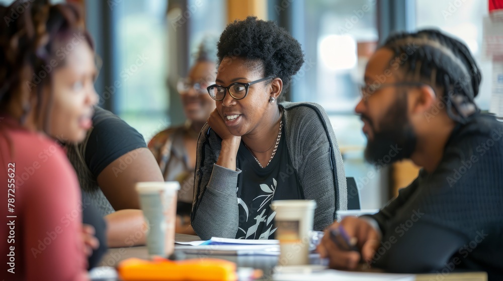 A diverse group of individuals actively engaged in a community development meeting around a table