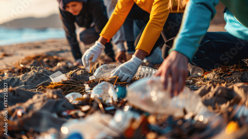 Inspiring photo of a diverse group of people working together, eco volunteers picking up plastic trash on the beach