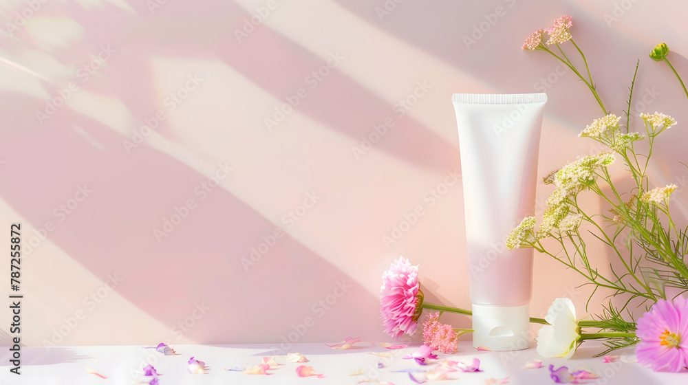 Cosmetic plastic tube with flowers on light background with copy space Natural cosmetics concept : Generative AI Cosmetic plastic tube with flowers on light background with copy space Natural cosmetics concept : Generative AI