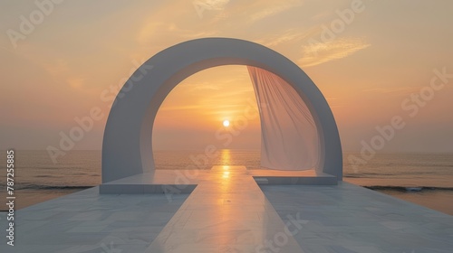 Sunset over the ocean with a white archway in the foreground