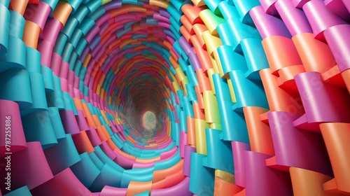 A 3D rendering of a colorful tunnel with a glowing light at the end