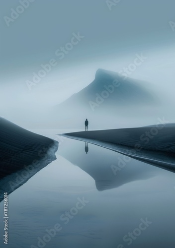 Lonely man standing on the beach looking at a foggy mountain