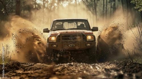 A red truck navigates muddy terrain in a forest, kicking up dust as it moves through the challenging path