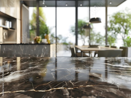 Sleek Marble Kitchen Island or Tabletop with Blurred Bokeh Background for Luxury Home or Commercial Product Showcase © yelosole