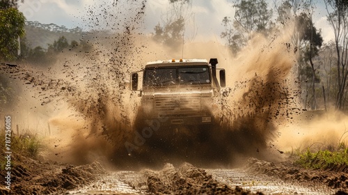 A rugged truck navigates through a muddy road, kicking up dust and mud as it moves forward © Ilia Nesolenyi