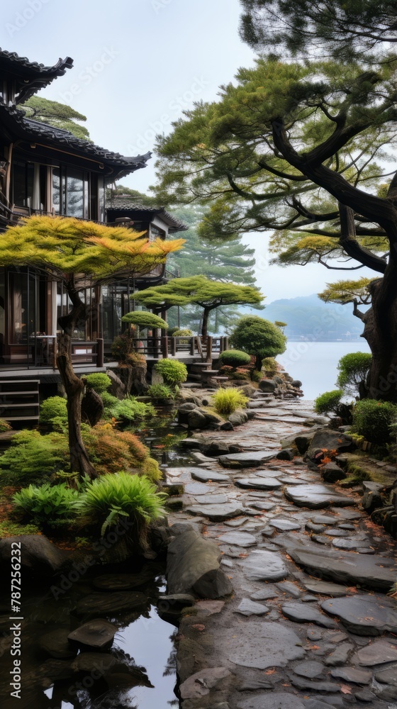 Japanese traditional house and garden with lake view
