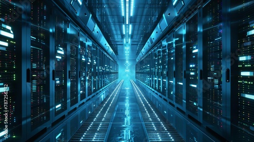 futuristic big data center with server racks cloud computing and web services concept