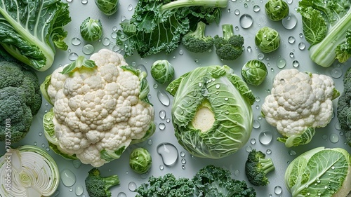 Realistic pattern photography of cruciferous vegetables (broccoli, cauliflower, Brussels sprouts, and kale)