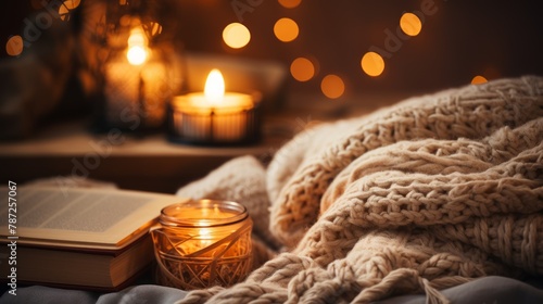 A cozy winter evening with candles and a book