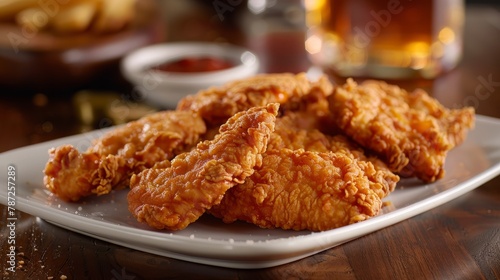 A white plate is filled with golden-brown fried chicken tenders, served next to a glass of beer