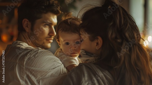 A man holding a baby in his arms, captured in a commercial photography over-the-shoulder shot from behind. The mans profile and the tender moment between father and child are central