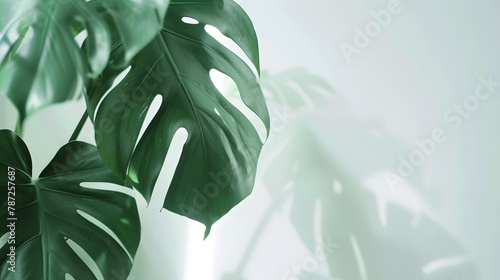 Beautiful monstera leaves or Swiss Cheese plant on a white background Monstera in a modern interior Minimalism concept Copy space selective focus Banner : Generative AI photo