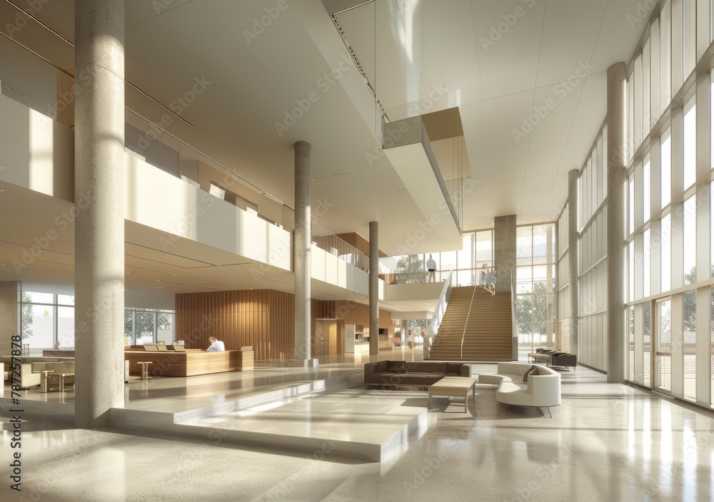 Fototapeta premium An atrium with wooden wall panels and large windows