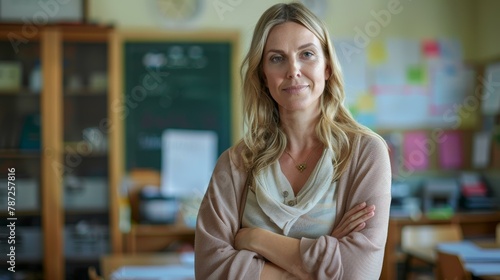 Charming confident female teacher in classroom, arms crossed, soft smile, light clothing, surrounded by books and educational posters, captures essence of lifelong learning.