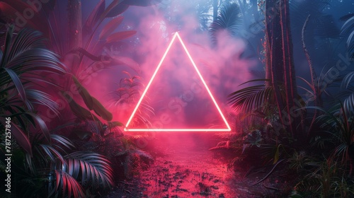 Fototapeta Naklejka Na Ścianę i Meble -  Mystical neon triangle glowing amid lush green jungle under foggy, twilight sky, evoking themes of mystery and futuristic exploration. Copy space.