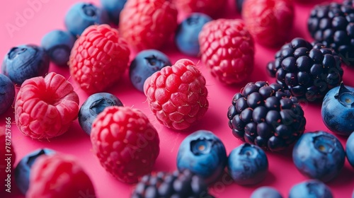 Colorful assortment of fresh berries with vibrant red raspberries  dark blue blueberries  and black blackberries on pink background  ideal for fruit themes and healthy eating concepts.