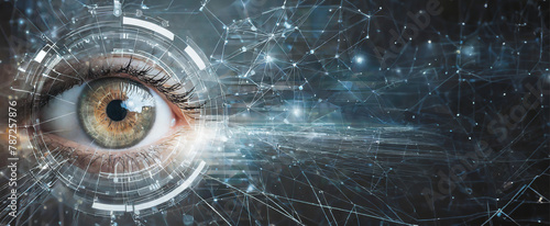 Olho humano refletindo linhas tecnológicas de segurança cibernética, tecnologia e inteligência artificial, espaço para cópia photo
