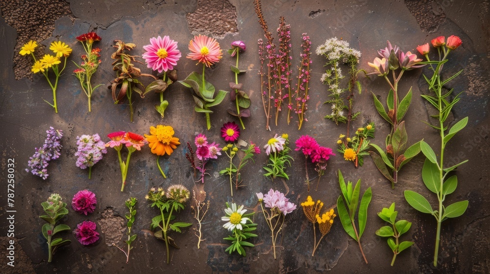 Collection of various flowers and herbs placed together on a table