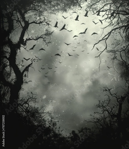 Bats flying in a spooky leafless forest at night