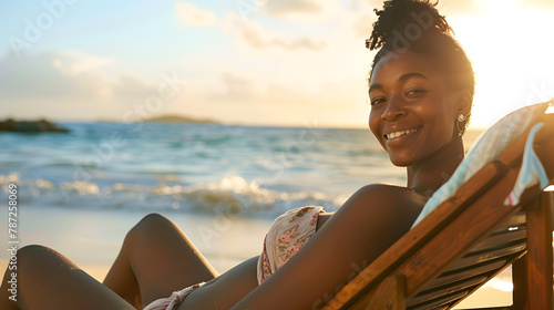 Portrait of happy african american woman sunbathing on wooden deck chair at tropical beach while looking at camera Smiling black girl enjoying vacation at seaside with copy space Woman : Generative AI photo
