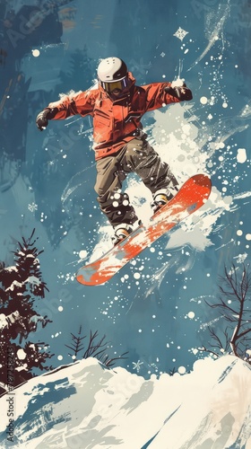 A snowboarder jumps over a snowy mountain
