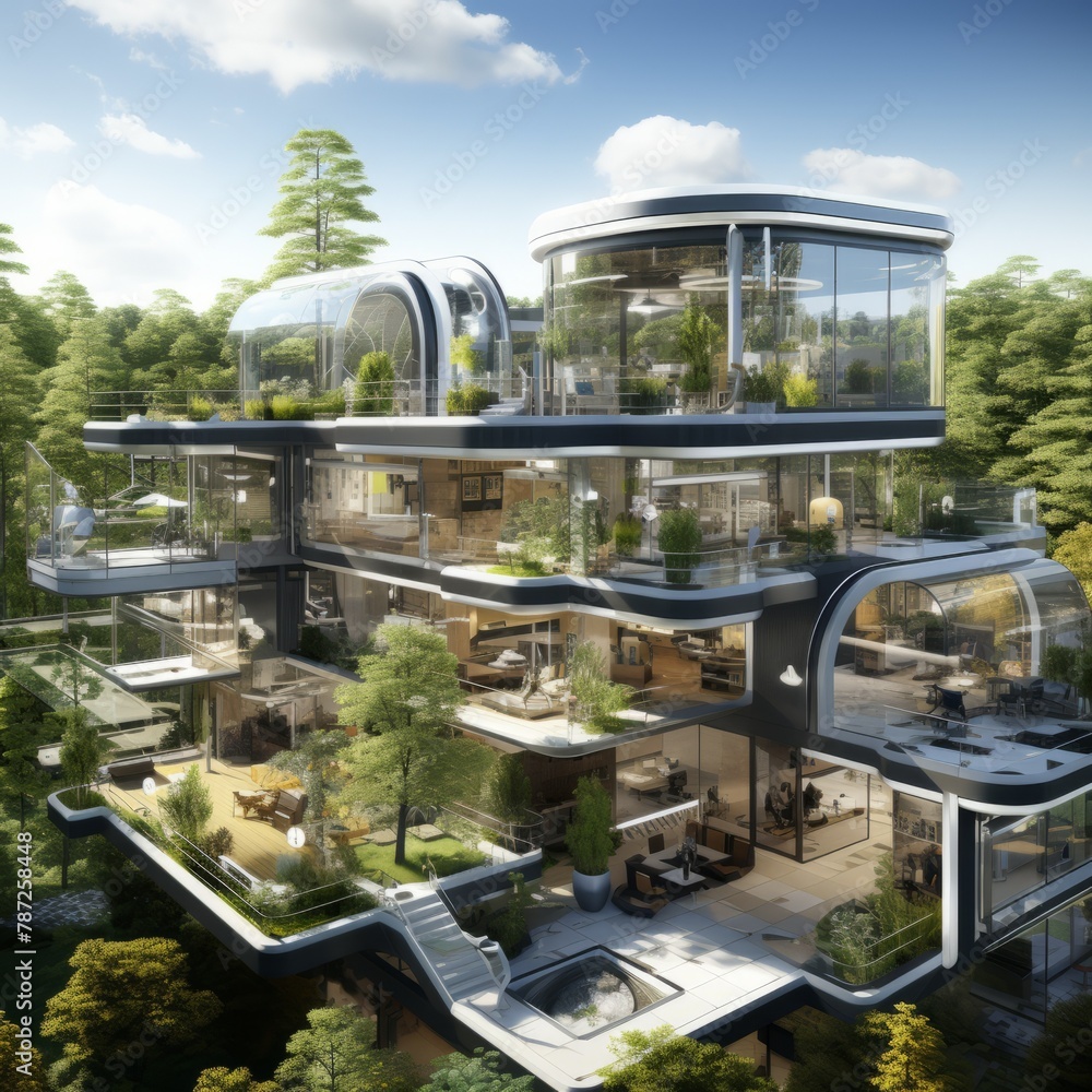 futuristic glass house surrounded by trees