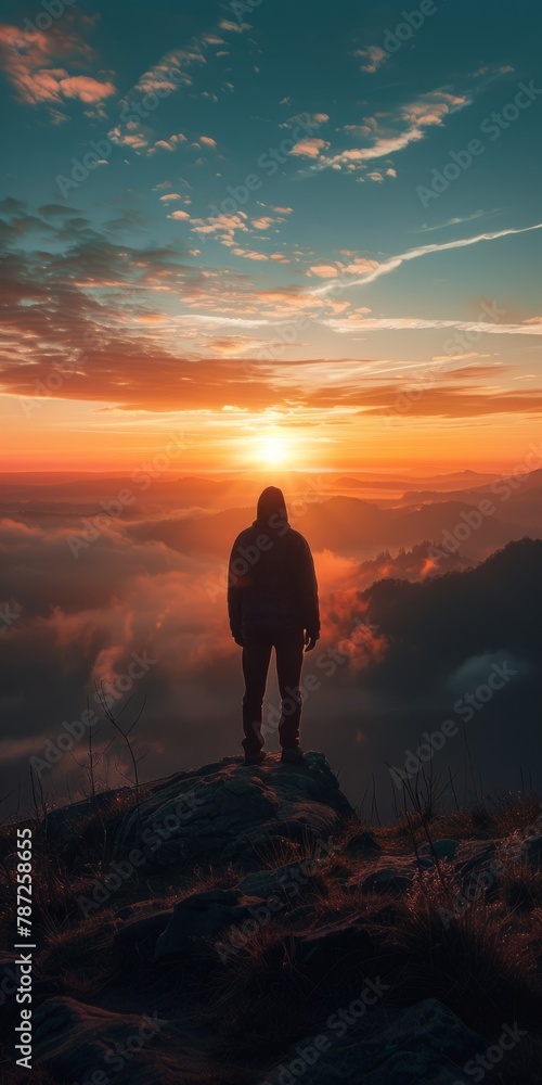 Man standing alone on a mountaintop overlooking a beautiful sunset