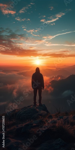 Man standing alone on a mountaintop overlooking a beautiful sunset