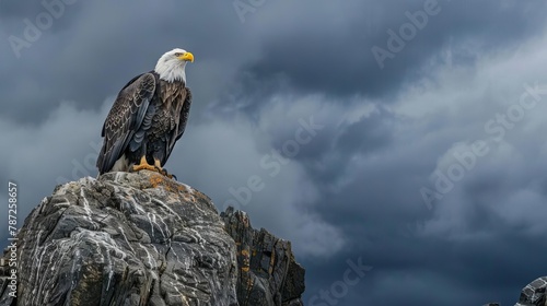 majestic stellers sea eagle perched on rocky cliff against dramatic sky wildlife photography photo