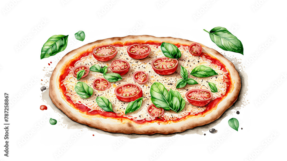 Watercolor clipart of pizza with tomato topping, cheese, and basil