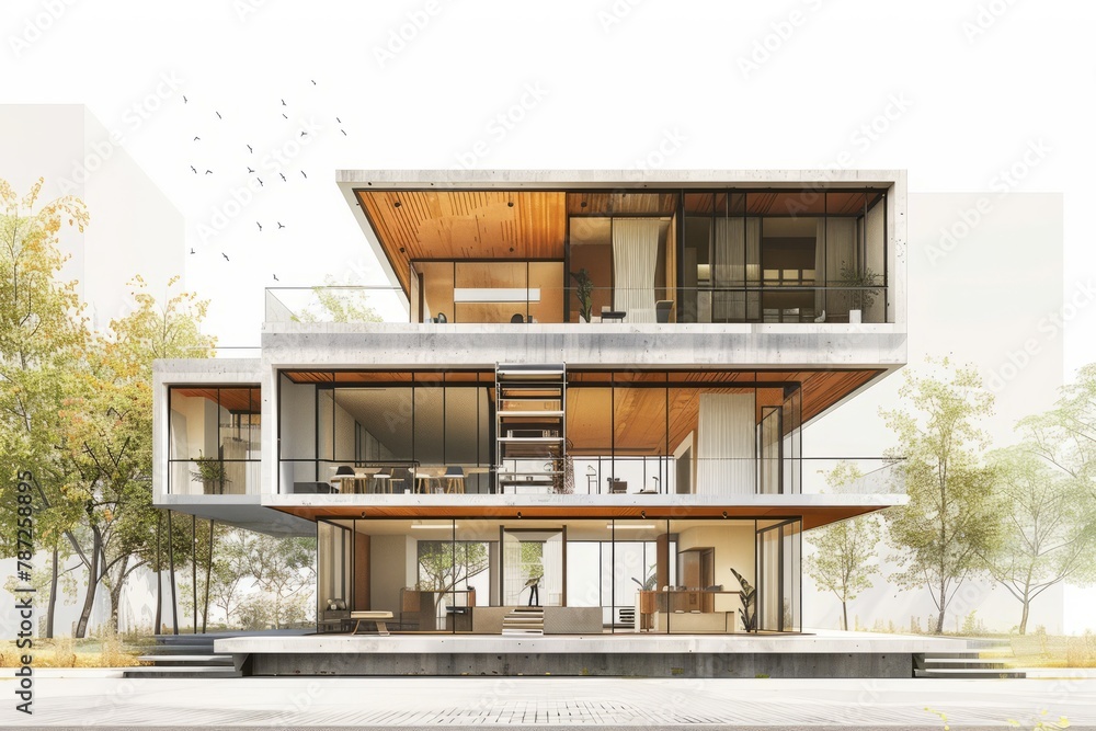Three-story private house with large glass windows Three-story private house with large glass windows