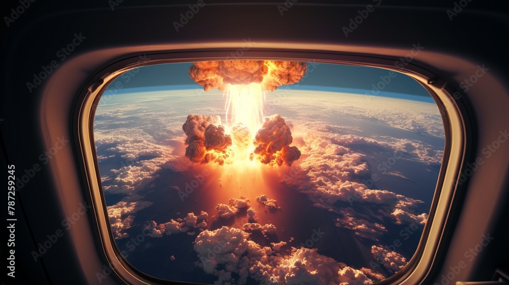 Naklejka premium A nuclear explosion seen from the window of an airplane