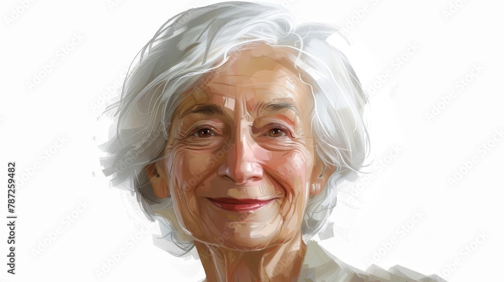 portrait of smiling senior woman with white hair isolated on white background digital illustration
