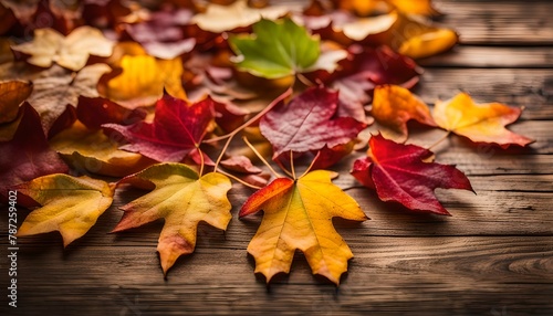 Autumn background with colored leaves on wooden board. 