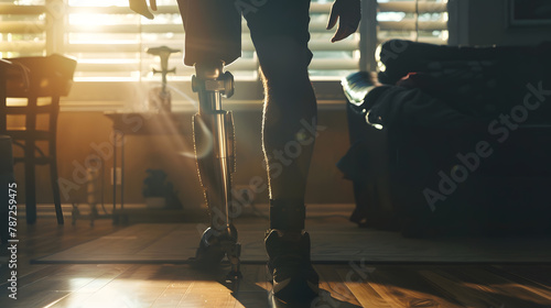 Closeup of unrecognizable man with bionic prosthetic leg at home indoors copy space : Generative AI photo