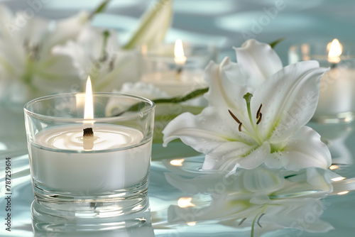 Candle in a transparent glass. Relaxation atmosphere with white lilies decoration. Bokeh background.