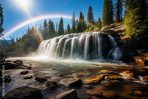 Beautiful rainbow on a clear sky over the waterfall in the pine forest