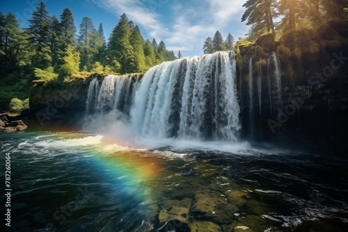 Beautiful rainbow on a clear sky over the waterfall in the pine forest